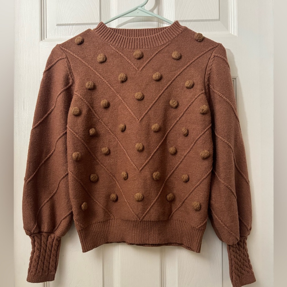 Brown Lantern sleeve pom pom knit sweater SIMPLEE